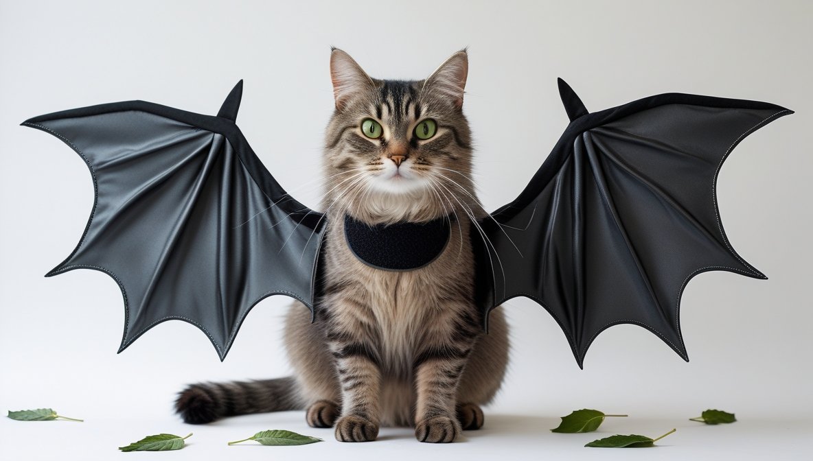 A black cat wearing an adjustable bat wings pet costume, looking curious and comfortable.