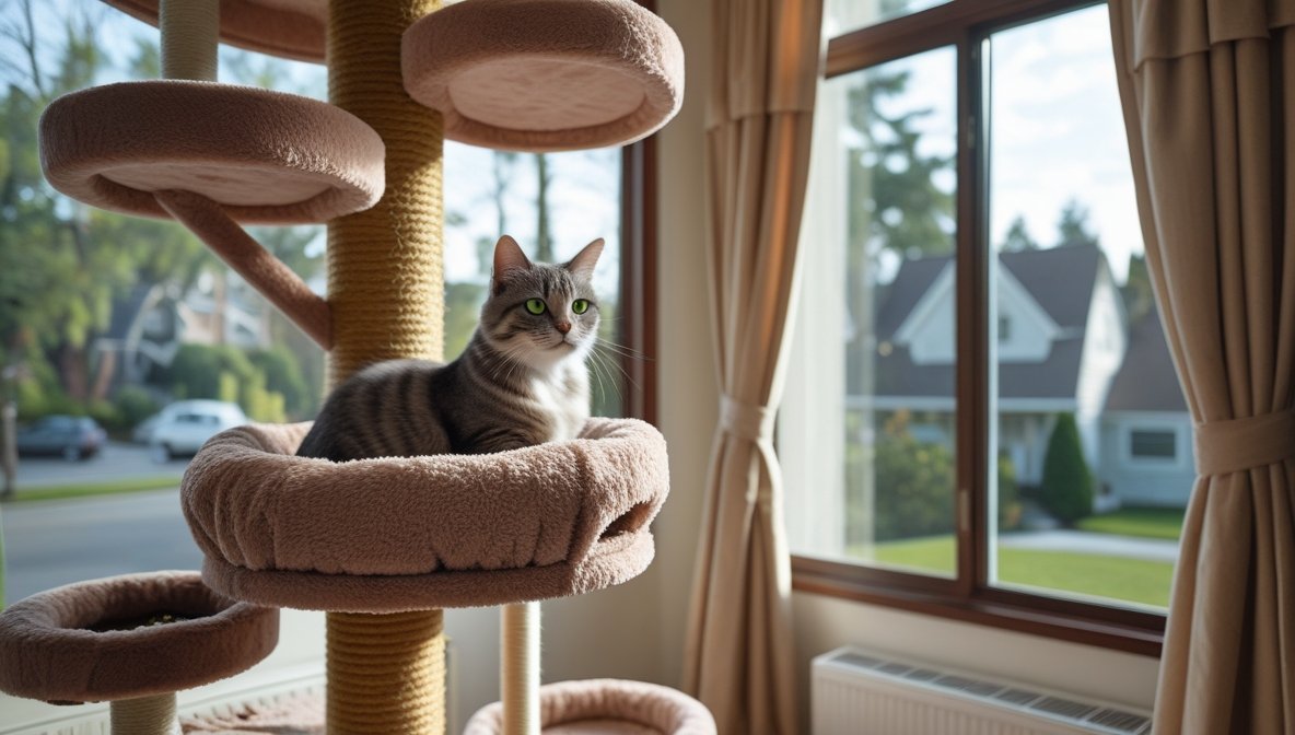 Collage of the best cat tree towers for large adult indoor cats, including the Frisco 72-inch tree and Armarkat A7081, with a Maine Coon cat.