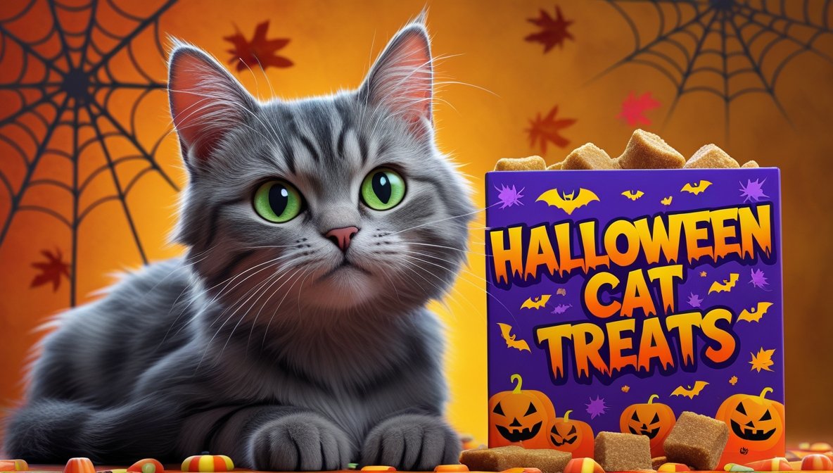 Collage of the top-rated Halloween cat treats for trick or treat, including Greenies and PureBites, next to a black cat.