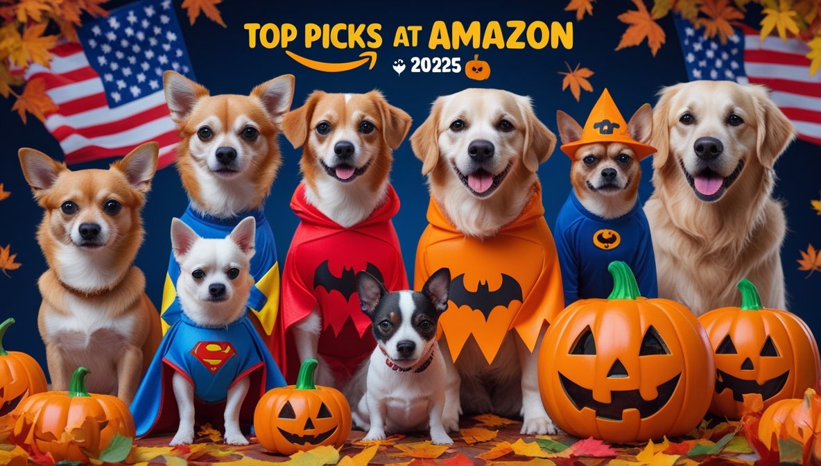 A collage of various dog Halloween costumes including a hot dog, a bumble bee, and a pumpkin, showcasing the best choices for 2025.