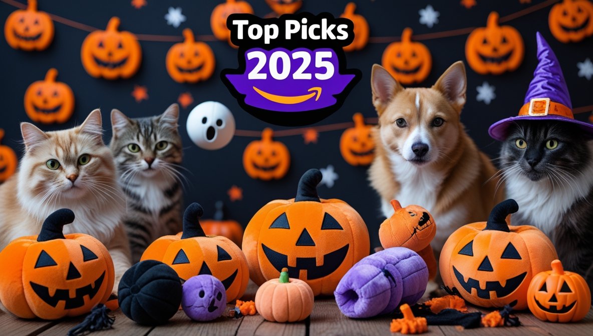 A collage of the top 10 Halloween dog toys for 2025, including a KONG pumpkin, a plush ghost, and a puzzle skeleton