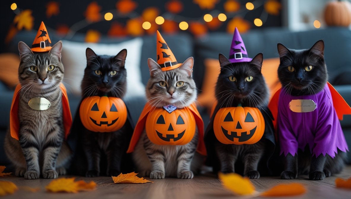 A dog and a cat wearing a classic vampire bat wing Halloween Pet Cape Costume, showcasing a comfortable and spooky Halloween look.