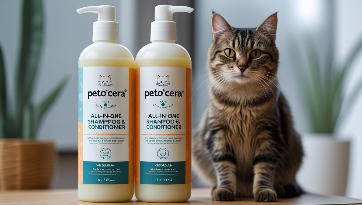 A collection of the top-rated kitten shampoo bottles for indoor cats, arranged on a bathroom counter in the USA.