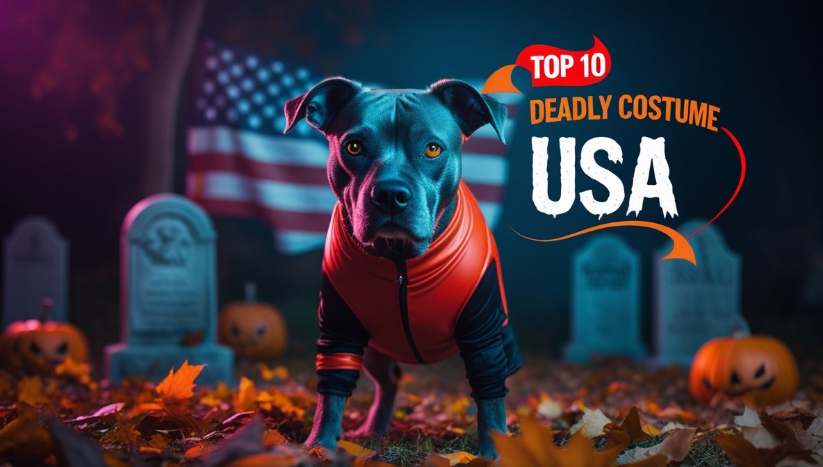 A small dog wearing a detailed Pet Deadly Doll Dog Costume inspired by Chucky, featuring overalls and a red wig.