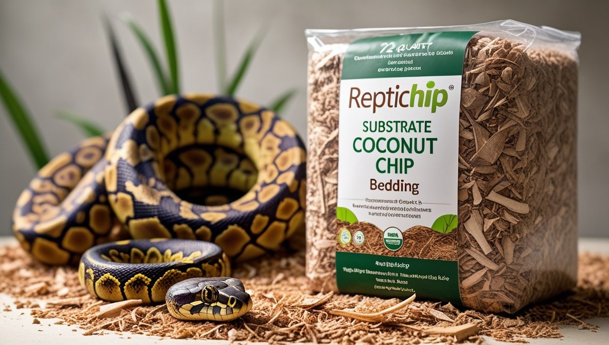 Comparison of top reptile substrate coconut chip bedding brands including ReptiChip compressed brick, Zilla loose chips, and Zoo Med Eco Earth.