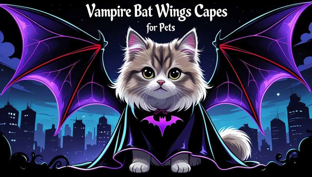 A small black dog and a cat wearing matching vampire bat wings capes, sitting together for a Halloween photo.
